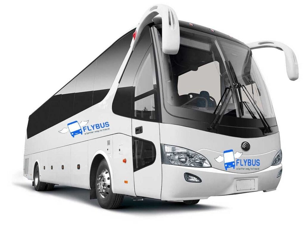 flybus bus hire fleet 55 seater coach white color marked with the flybus bus company logo